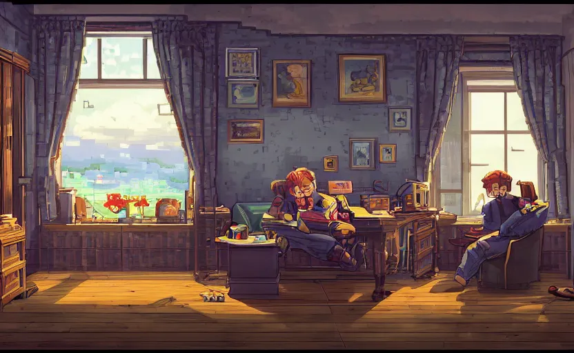 Prompt: Character sitting and relaxing in front of their work desk in their cozy room as a peaceful scene is seen through the room's window. Smooth Highly detailed masterpiece pixel-art. in the style of Close Highly detailed masterpiece professional artistry Sega, Namco, Neogeo, Capcom artist's Pixel-art. Trending on artstation. Slice-of-life genre art. Balanced colors and lighting scheme by James Gurney and artgerm. In the style of a 'Music to chill/study' to youtube video.