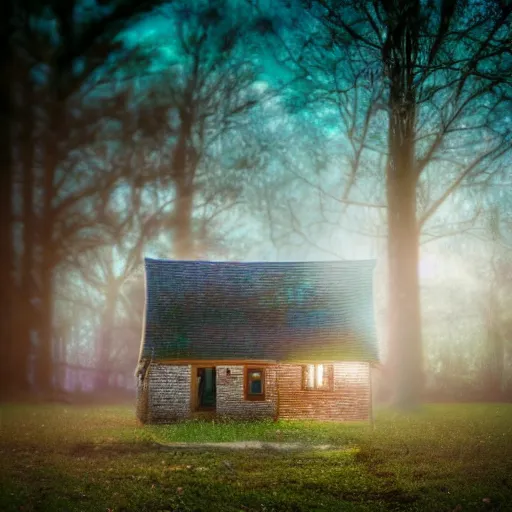 Prompt: specs of light, iridescent bokeh, abandoned cottage