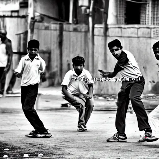 Image similar to four guys playing a game of cricket, on an indian street, award winning image, national geographic, dslr 3 0 mm image, black and white, wow, gorgeous