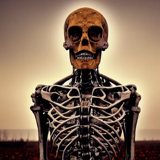 Prompt: Skeletal Cybernetic Man, Abandoned Field, Abandoned City Background, Dark, Dusty, Orange Hue, Old, Scary, Horror, Realistic, 4k, High Detail, High Resolution