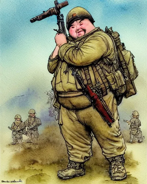 Image similar to a realistic and atmospheric watercolour fantasy character concept art portrait of a fat adorable chibi pugs as soldiers in vietnam, by rebecca guay, michael kaluta, charles vess and jean moebius giraud