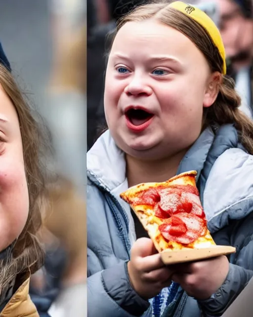 Prompt: film still close - up shot of fat greta thunberg wearing a hat giving a speech in a crowded train station eating pizza, smiling, the sun is shining. photographic, photography