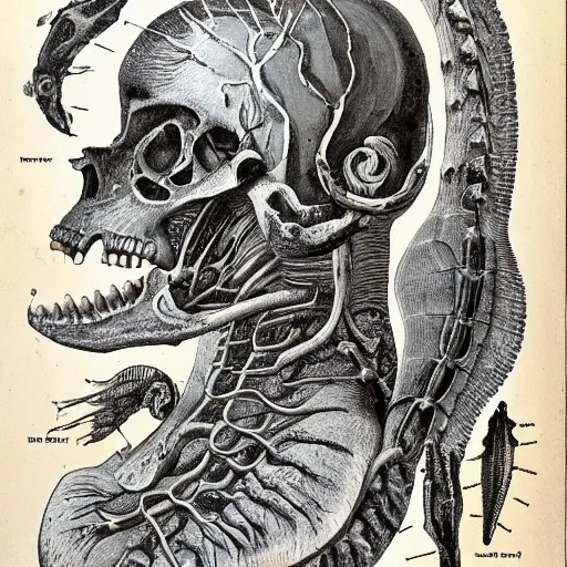 Image similar to body horror fossilised extinct marine animal, all tomorrows style, scientific illustration, 1 9 th century, skin,