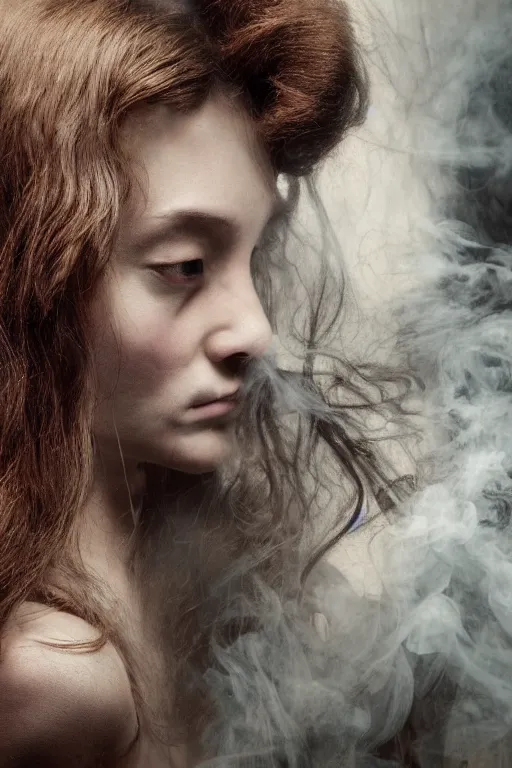 Prompt: 3 5 mm colour, italian looking emma, evil princess, long brown hair, hyperrealism, octane render, weird, odd, strange, creepy, extremely detailed, intricate smoke magic, lace, silk, style of david cronenberg, hyung tae, frank frazetta