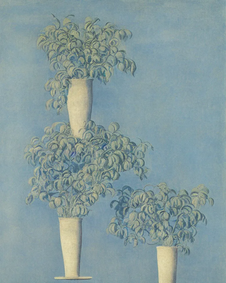 Image similar to achingly beautiful print of one painted ancient greek vase on baby blue background by rene magritte, monet, and turner. symmetrical.