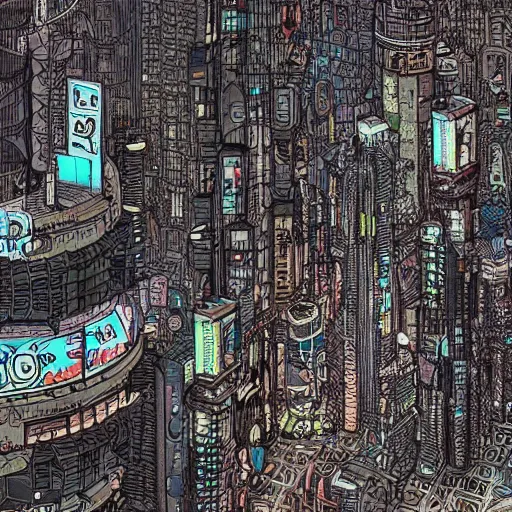 Prompt: “an intricate cyberpunk city, dotart in the style of James Jean”