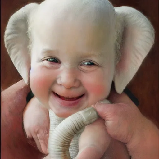 Image similar to a white baby elephant portrait by Norman Rockwell , ultra realistic painting, looking at the camera, smiling, highly detailed illustration, 8k, masterpiece, trending on cgsociety