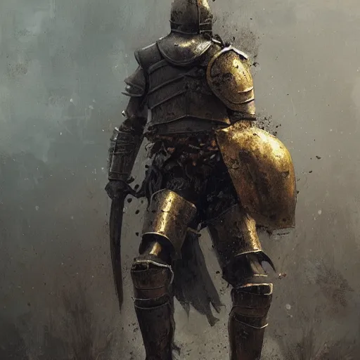 Image similar to A realistic painting of a knight in full plate armor, rusted and dirty armor, oil painting, by Greg Rutkowski, dark, moody lighting, trending on artstation, highly detailed