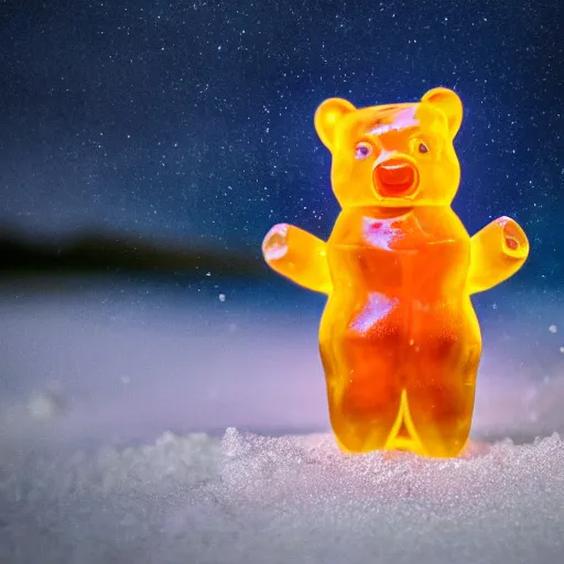 Prompt: 5 5 mm macro photo of an lifesize magical gummi bear standing, holding out its hands for a hug, on the gentle hill of white sugar. at the beach. dof. bokeh. by chris foss. sharp focus, highly detailed 8 k. intricate. lifelike. soft light. cinematic lighting.