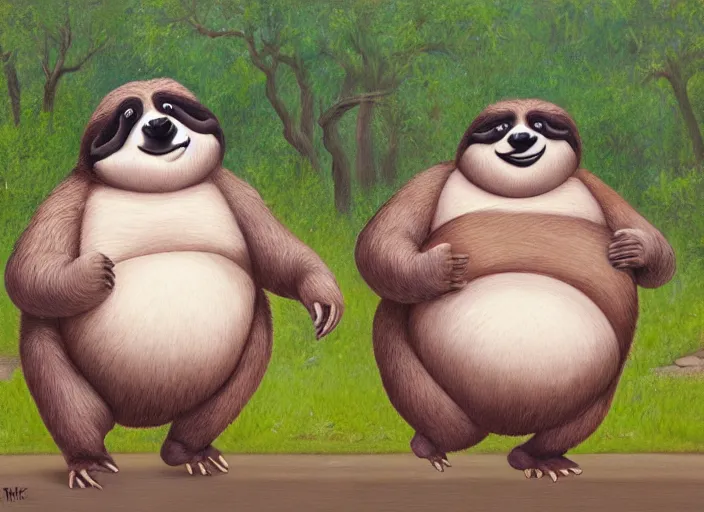 Image similar to anthro fat sloth going for a run in the park, wearing running sneakers and a muscle tee - shirt, dynamic active running pose, an ultrafine detailed painting by mark ryden, trending on deviantart, pop surrealism, whimsical, lowbrow, grotesque