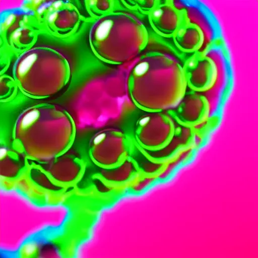 Prompt: a microscopic image of a small bubbly transparent character with fluo colors and a 6 legs, microscopic imagery