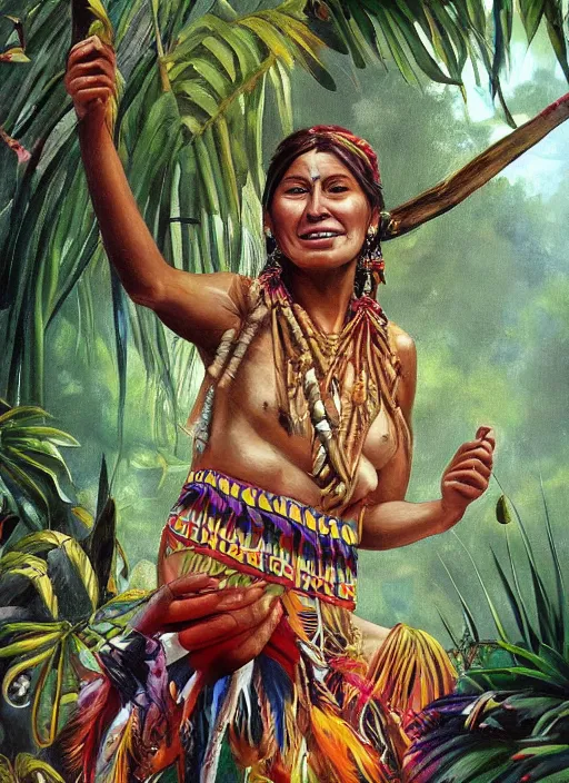 Prompt: a beautiful painting of an indigenous woman celebrating in the jungle, fantasy art, matte painting, highly detailed