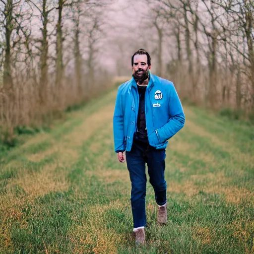 Image similar to steven bonnell ii in a blue jacket walking in a field, 2 0 mm sigma lens, sony a 7 siii