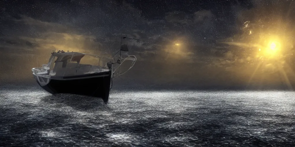 Image similar to a highly detailed realistic photographic render of a boat in a sea of stars, surreal, cinematic lighting, cinematic scene, volumetric lighting, atmospheric scene, dark, mystery, atmospheric lighting, realistic, photo realism, hyper realistic, hyper realism, photo realisitc, cinematic render, film, beautifully lit, ray traced, octane 3 d render, octane render, unreal engine