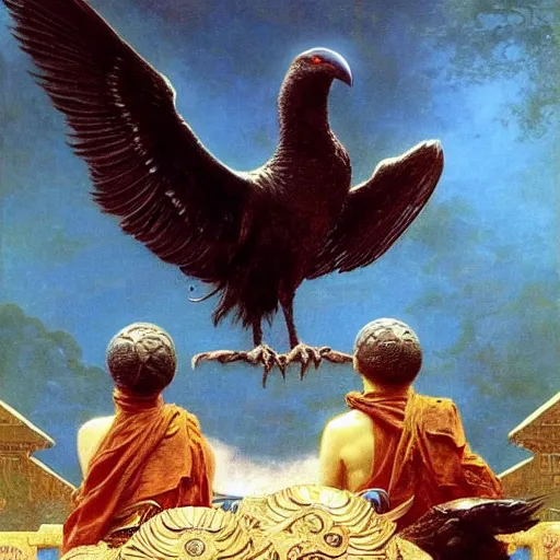 Image similar to giant crow worshipped by buddhist monks, painting by gaston bussiere, craig mullins, j. c. leyendecker, lights, art by ernst haeckel, john william godward, hammershøi,,