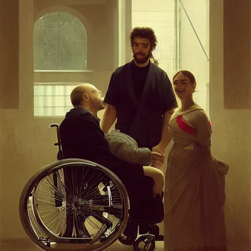 Image similar to a male patient in a wheelchair in the hospital with his wife and son standing by. happy, cheerful, smiling, intricate, face enhance, sharp focus, cinematic lighting, featured in artistation, 8 k, art by greg rutkowski, william adolphe bouguereau