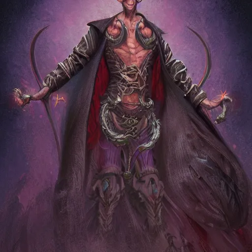 Image similar to digital full character painting of a powerful warlock, hyperdetailed, beautiful, magic spell, demons, by Gerald Brom, trending on Artstation