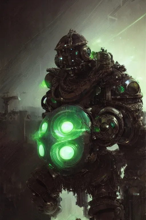 Image similar to Close up of a singular mechanical warrior, green glowing eyes reflecting on the shinny armor. At night, underexposed, desolated wasteland, matte painting by Craig mullins and Emmanuel_Shiu, cinematic, dark sci-fi, concept art trending on artstation, 4k, insane details