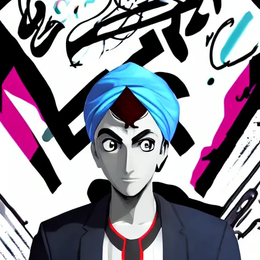 Image similar to A young man wearing a blue turban, beardless, shaven face, middle-eastern, in the style of Persona 5, Persona 5, Persona 5 artwork