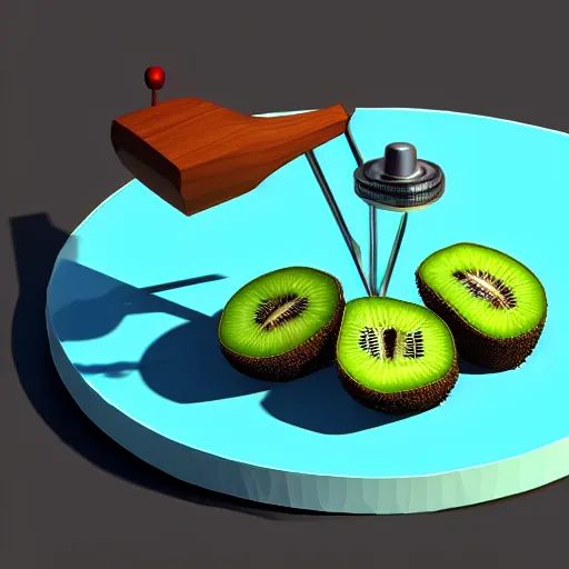 Image similar to a funny turntable with a needle on top of kiwi slice, a low poly render by tim biskup, featured on polycount, computer art, sketchfab, rendered in maya, voxel art