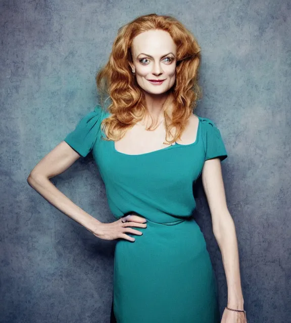 Image similar to beautiful portrait photo of Heather Graham, slight smile, photo by Annie Leibovitz, 85mm, teal studio backdrop, Getty images