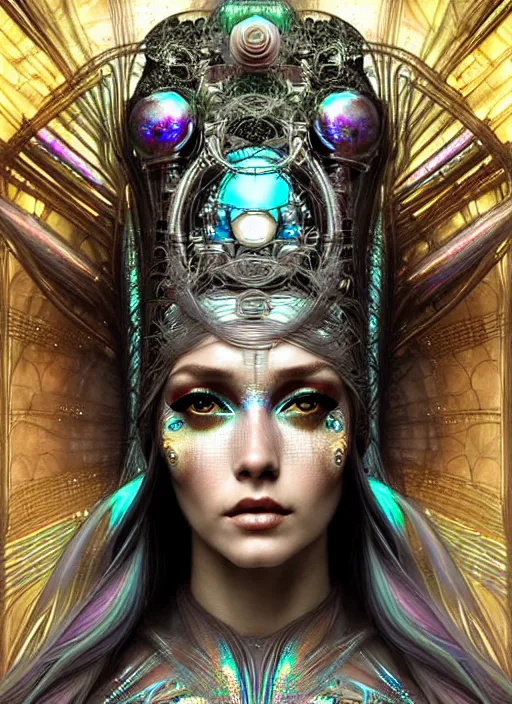 Prompt: hyperrealistic detailed portrait of a beautiful goddess in an iridescent cyber headdress, intricate cyberpunk make - up, art by android jones, john william godward, nekro borja, alphonso mucha, h. r. giger, ornamental gothic - cyberpunk,