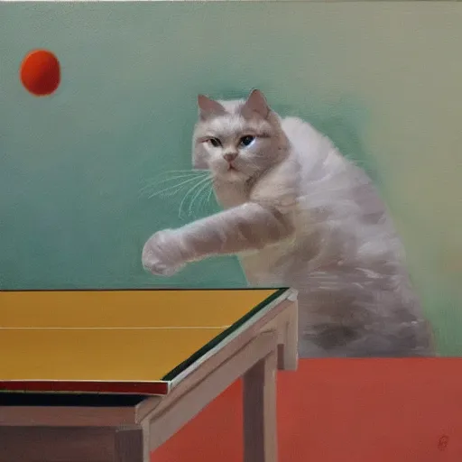 Image similar to Due gatti che giocano a ping pong, oil painting