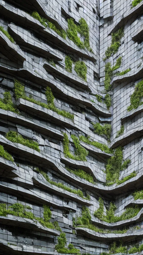 Prompt: photo in style of andreas gursky and piranesi. biopunk timber futuristic building in a urban setting. hyper realistic. cloudy morning. mossy glass and wood buildings have deep tall balconies with plants, trees, and many men and women in bright clothing. thin random columns, large windows, deep overhangs. greeble. 8 k, volumetric lighting.