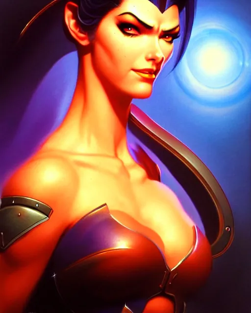 Image similar to widowmaker from overwatch, character portrait, portrait, close up, vintage fantasy art, vintage sci - fi art, radiant light, caustics, by boris vallejo