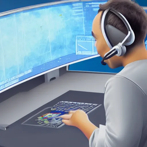 Image similar to An anthropomorphic grey dolphin in a white lab-coat playing games on a computer, digital painting, close-up, wearing a headset