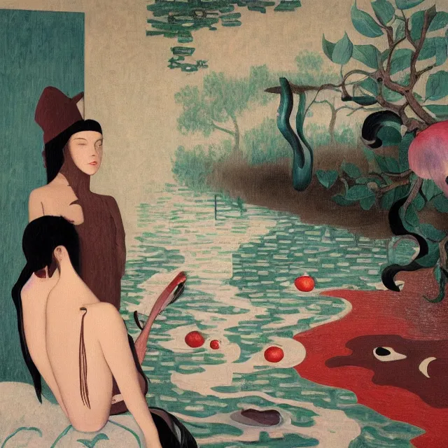 Image similar to female emo art student in her bathroom, painting of flood waters inside an artist's feminine bathroom, a river flooding indoors, pomegranates, pigs, ikebana, water, octopus, river, rapids, waterfall, black swans, canoe, berries, acrylic on canvas, surrealist, by magritte and monet