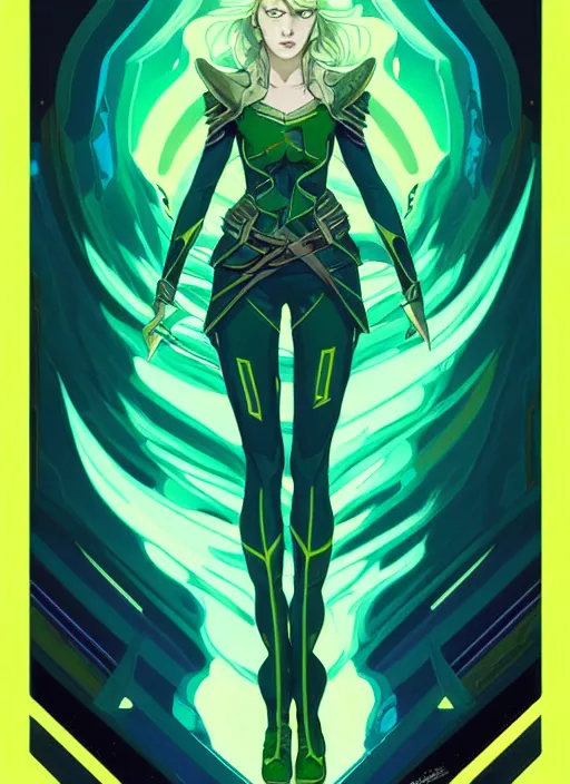 Image similar to style artgerm, joshua middleton, illustration, emily blunt as rune knight wearing green pelt light armor, anime eyes, blue hair, swirling water cosmos, fantasy, dnd, cinematic lighting