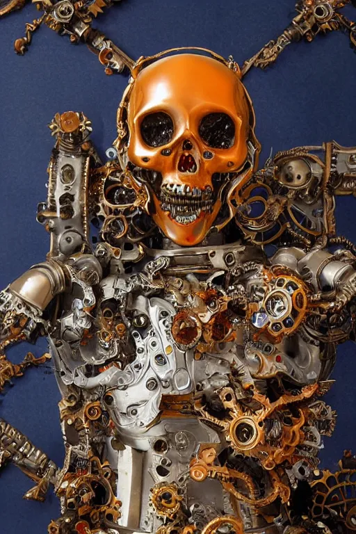 Image similar to full-body baroque and cyberpunk style sculpture of a young handsome Spanish prince half android with a chest opening exposing circuitry and a sparking motherboard, glowing blue lasert eyes, crown of mechanical gears and roses, flowing orange-colored silk, fabric, steampunk archways. baroque elements, human skull. full-length view. baroque element. intricate artwork by caravaggio. many many birds birds on background. Trending on artstation, octane render, cinematic lighting from the right, hyper realism, octane render, 8k, depth of field, 3D