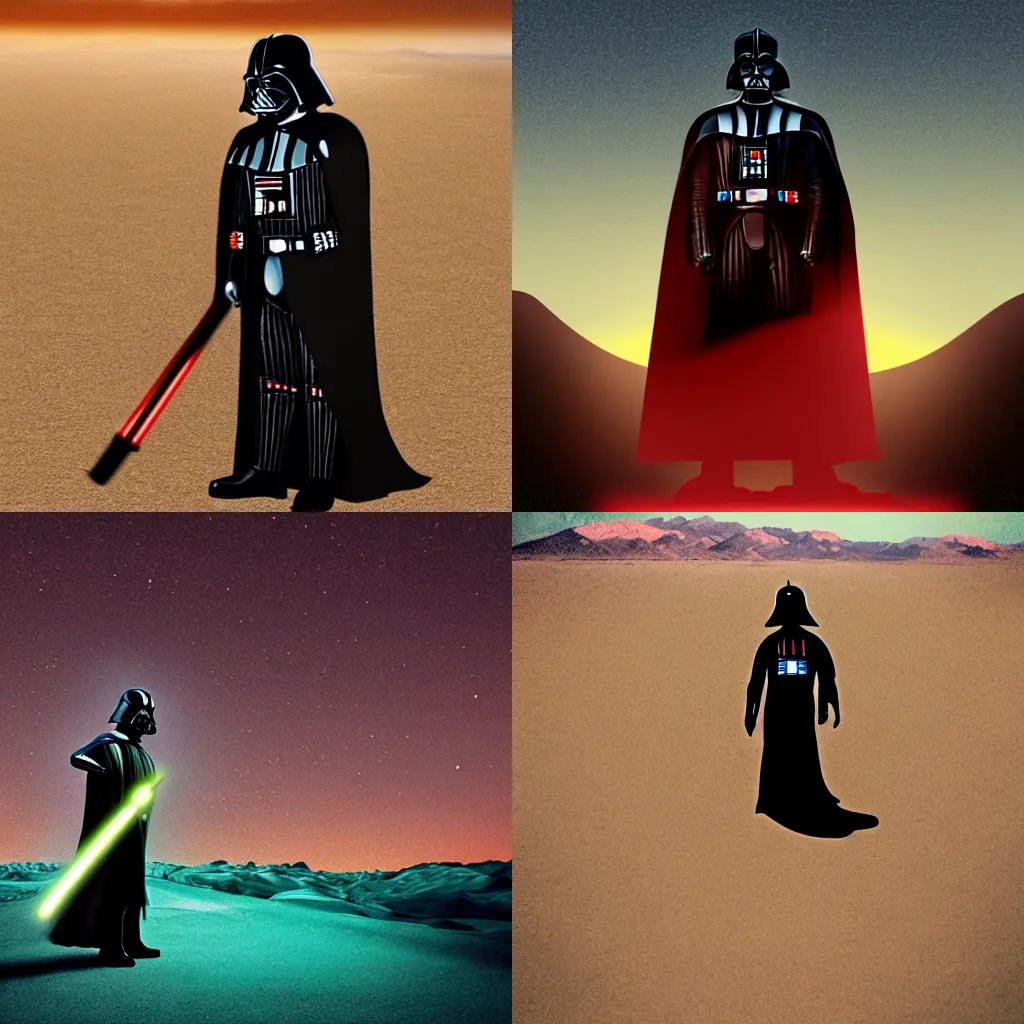 Prompt: a realistic photo of Darth Vader standing in the desert at night