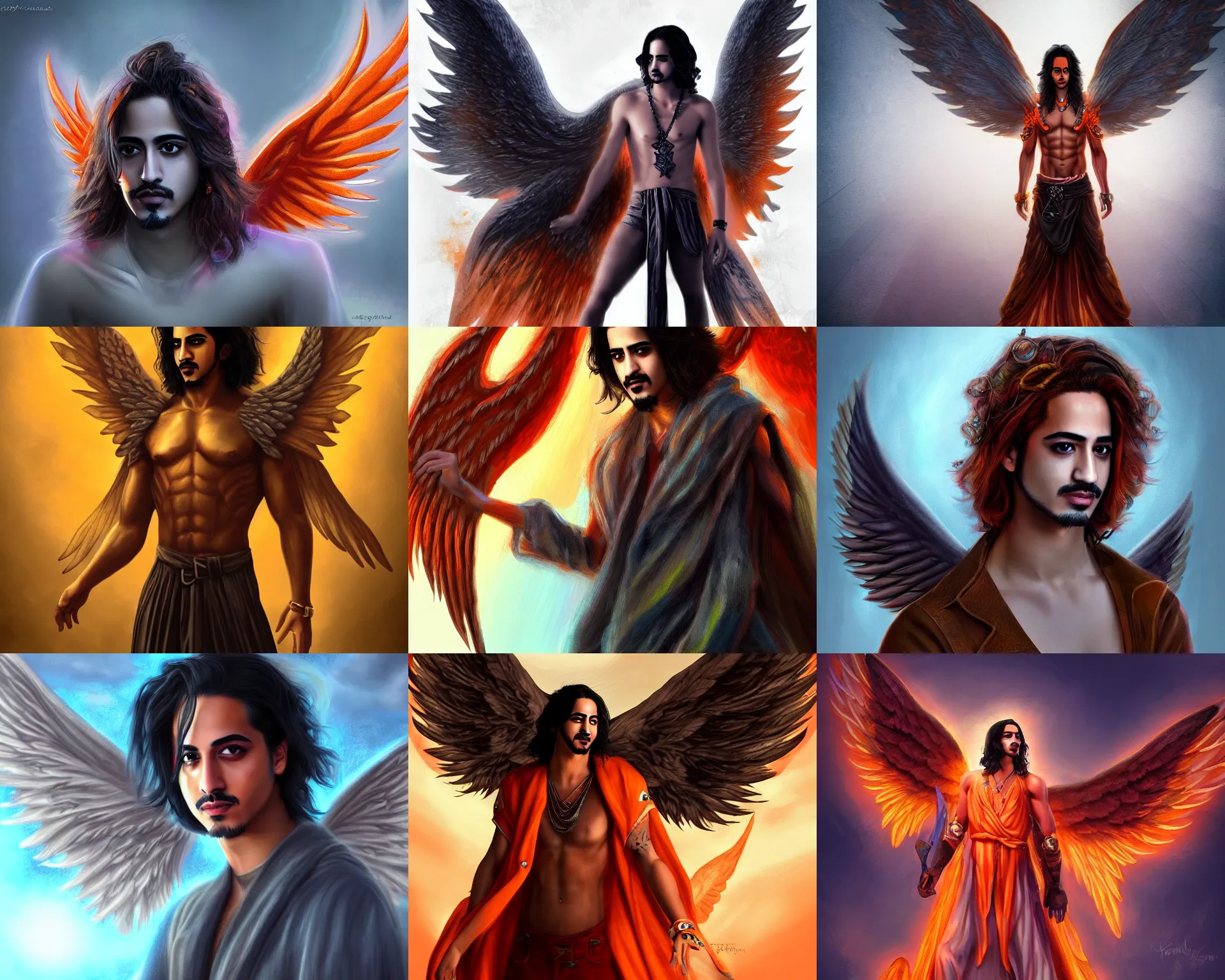 Prompt: Avan Jogia as an angel with large orange wings, detailed urban fantasy digital art, trending on artstation