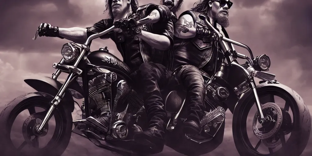 Image similar to sons of anarchy, bikers, motorcycle, digital art, fantasy art, octane render, unreal engine, high detail, very realistic, by ross tran