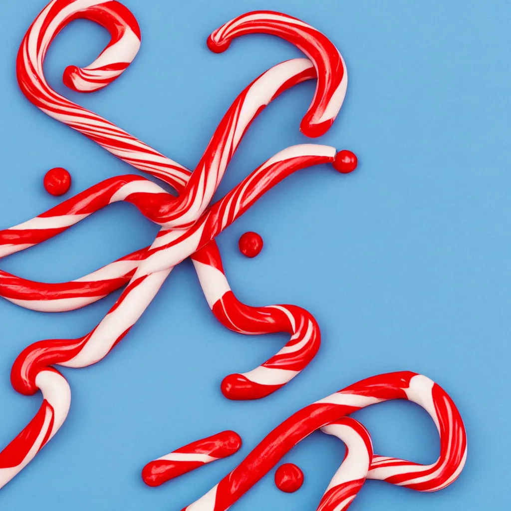 Prompt: close - up view of candy cane on light blue background, 8 k, high detail, photorealistic, proper shading
