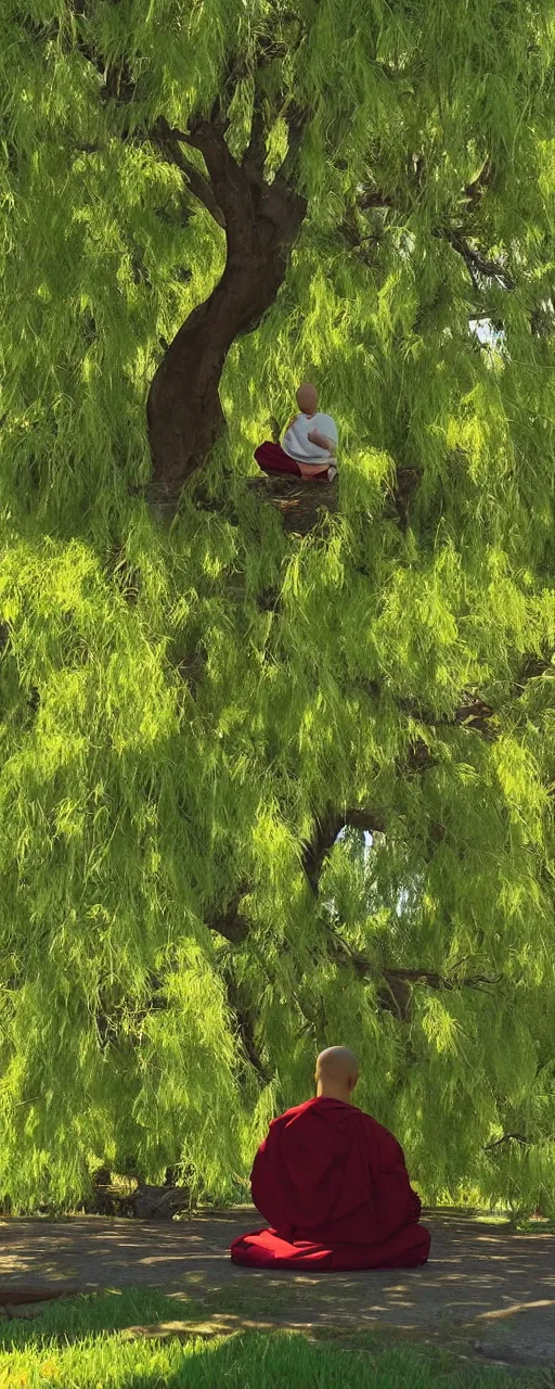 Image similar to “buddhist monk meditating under a willow tree with a baby panda cell shaded genshin impact breath of the wild cinematic shot”