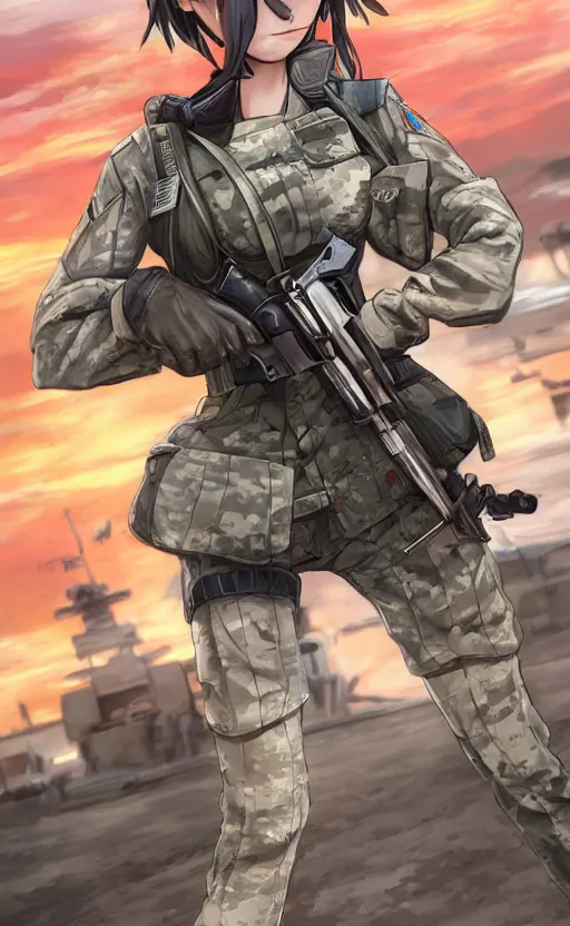 Prompt: portrait of a female soldier, highly detailed, high resolution, military camp in the background, the front of a modern trading card, illustration, character concept art, stunning, girls frontline style, bokeh soft, matte, 100mm, by shibafu, by shizuma yoshinori, studio mappa, realistic human anatomy, realistic military carrier, modern warfare, realistic weapon, digitally draw on wacom tablet, low saturation, small eyes