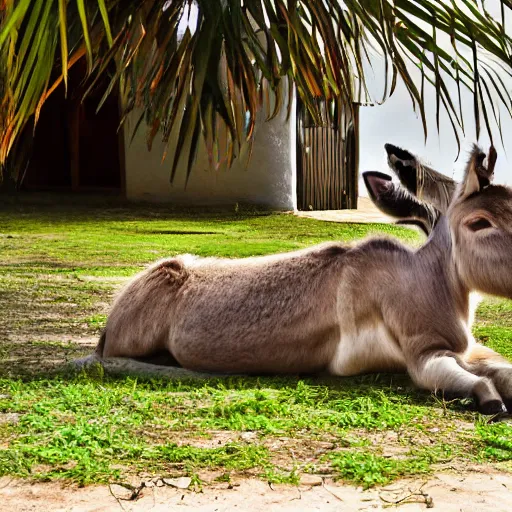 Prompt: donkey on a sunbed, tropical vacation