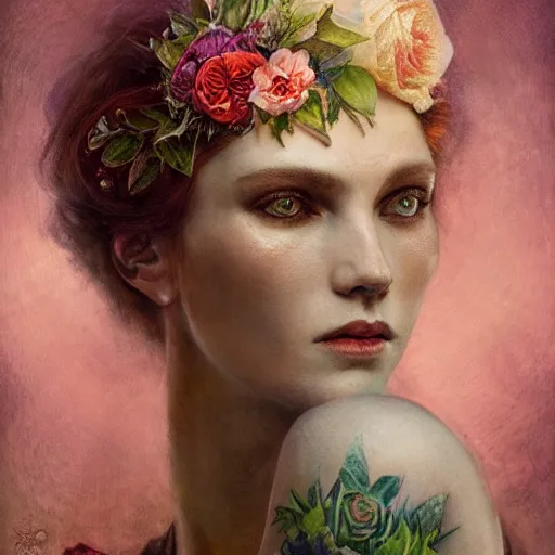 Image similar to flower queen, by annie swynnerton and tino rodriguez and tom bagshaw, dramatic lighting, floral tattoos, rich colors, smooth sharp focus, extremely detailed, adolf wolfli