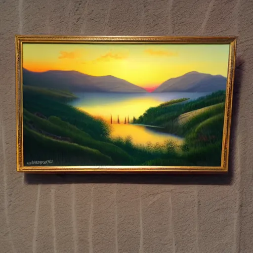 Prompt: a landscape with a lake in the mountain. sunset. cottage. acrylic painting. 4 k. very detailed. trandint on artstation. masterpiece. shadows.