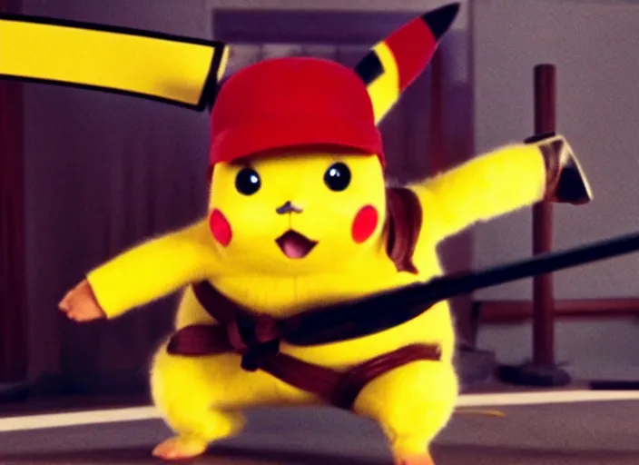 Image similar to film still pikachu with katana in dojo in kill bill film by tarantino, 8 k