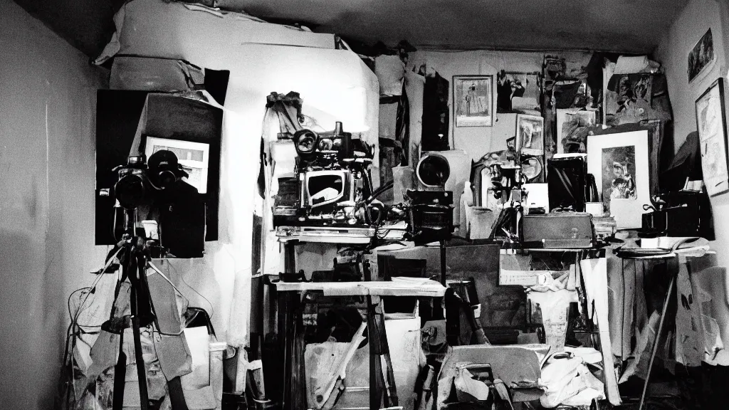 Image similar to An artist working in their cramped basement has a moment of nostalgia, 90s Film Photo, Flash Photography, 40mm lens, Award Winning, 8k Film Scan