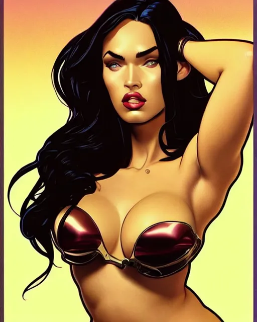 Image similar to low angle closeup very seductive megan fox retro scifi goddess pinup, vr goggles, action glamour pose, windblown dark hair, hyper detailed, digital art, studio lighting, smooth, ambient lighting, sharp focus, frank miller, wlop, fritz willis, anna dittmann, moebius!, alphonse mucha, patrick nagle!!!, rim lighting, synthwave
