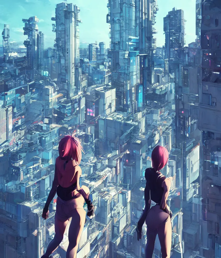 Image similar to a girl stands on top of a multi-storey building, anime style, 4k, cyberpunk city in the background, HD, artstation, very detailed, by Ilya Kuvshinov