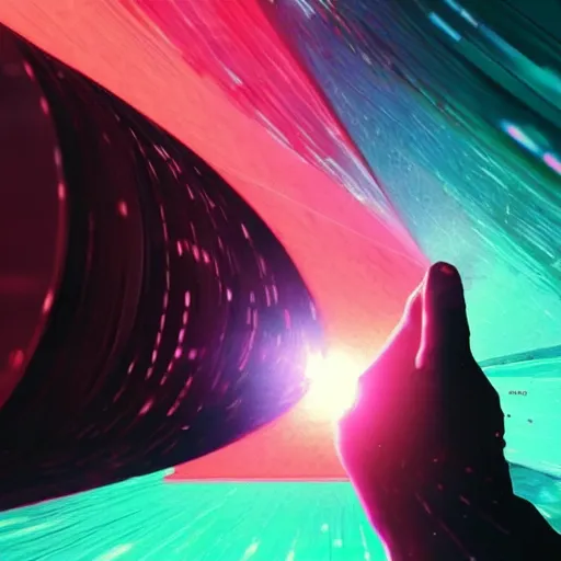 Image similar to a visually pleasing shot of a tear in the fabric of time. also, cybernetic skittles. imax, 7 0 mm. digital live - action. concept art. dramatic lighting. spin ( novel ). neo - noir science fiction.