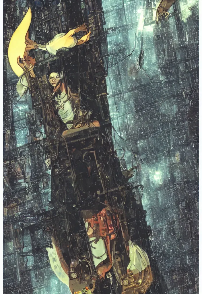 Image similar to the hanged man as a cyberpunk tarot card