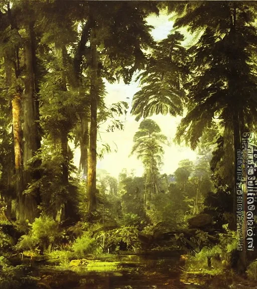 Prompt: artwork painting of a lush environment by eugene von guerard, ivan shishkin, john singer sargent