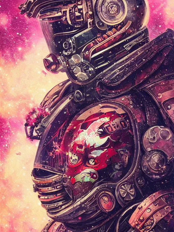 Image similar to art portrait of space marine with flower exploding out of head,by tristan eaton,Stanley Artgermm,Tom Bagshaw,Greg Rutkowski,Carne Griffiths,trending on DeviantArt,face enhance,chillwave,minimalist,cybernetic, android, blade runner,full of colour,
